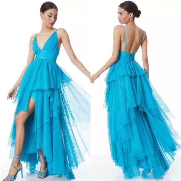 Alice + Olivia Doja V Neck Tulle High Low Tiered Blue Maxi Gown Size 8 - Picture 2 of 16
